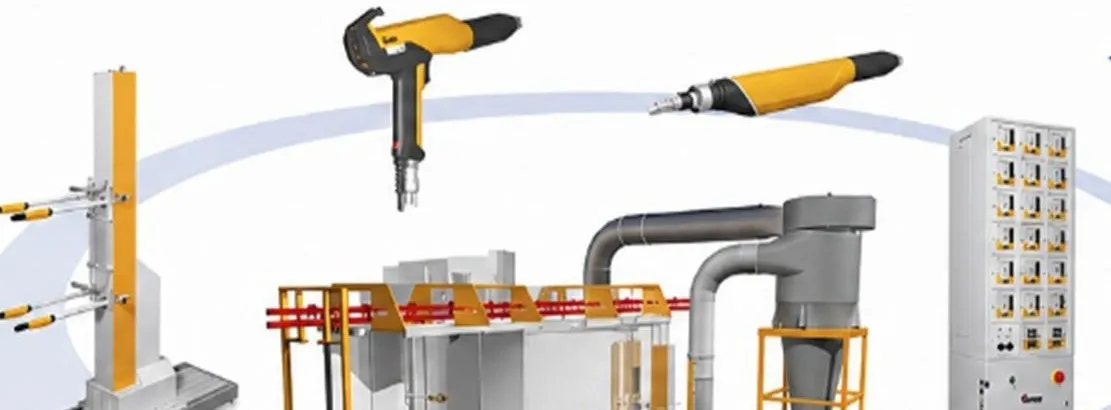 Automatic powder coating guns and booth